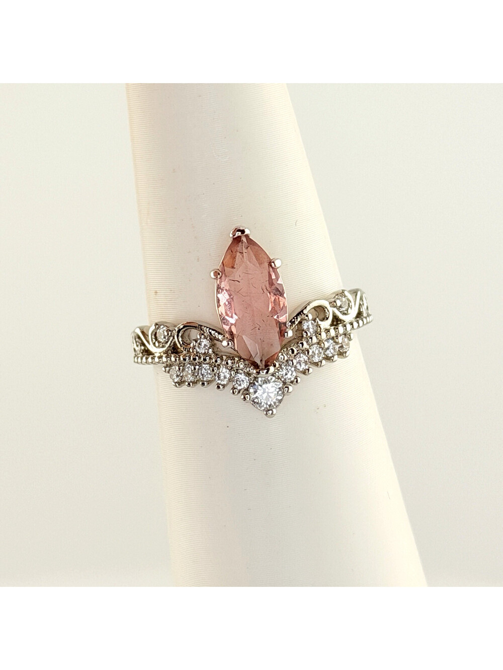 Bomb Party Size 9 "Charmed I'm Sure" RBP3969 Morganite on Rhodium RETRO